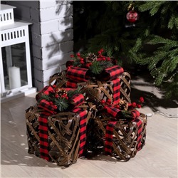 Светодиодная фигура «Коричневые плетёные подарки» 15, 20, 25 см, текстиль, металл, 220 В, свечение тёплое белое