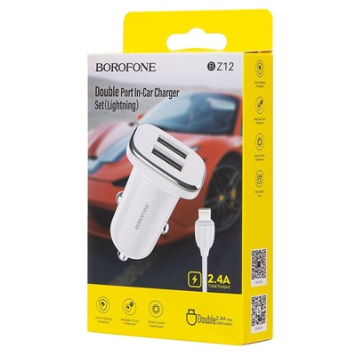 Адаптер Автомобильный с кабелем Borofone BZ12 Lasting 2USB/5V/2.4A (USB/Lightning) (white)