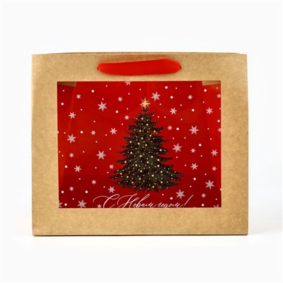 Пакет подарочный новогодний крафтовый с пластиковым окном «Новогоднее чудо», 24×20×11 см