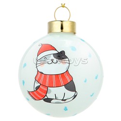 Новогоднее украшение. Елочный стеклянный шар "Котик в шарфике" 6см