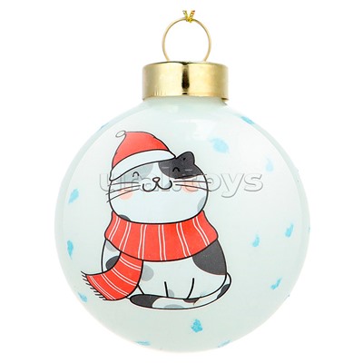 Новогоднее украшение. Елочный стеклянный шар "Котик в шарфике" 6см