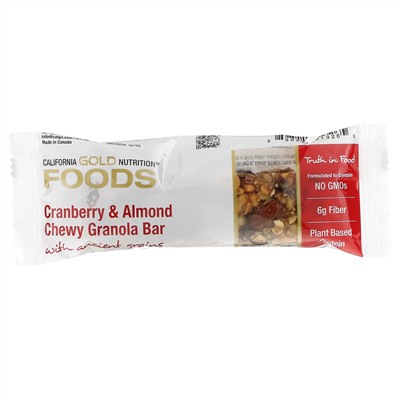 California Gold Nutrition, Foods, жевательные батончики-мюсли с клюквой и миндалем, 12 батончиков весом 1,4 унции (40 г) каждый