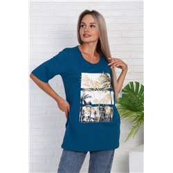 Футболка удлиненная с рисунком листья пальмы, Арт. 786 (Морская волна)