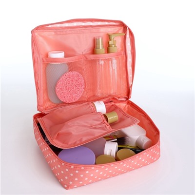 Косметичка-органайзер дорожная на молнии, с карманами, в мелкий горох, розовая