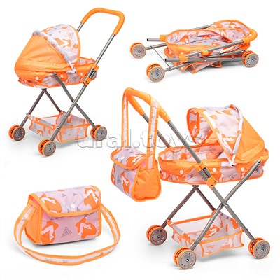Коляска кукольная (металлическая, с капюшоном, сумкой и корзинкой, цвет оранжевый, с принтом) в пакете