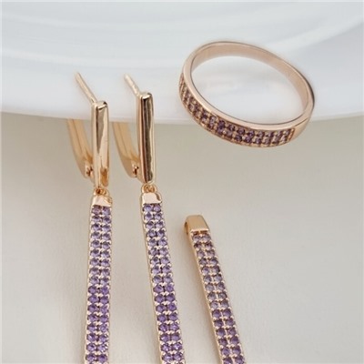 Комплект ювелирная бижутерия коллекция  "Дубай" серьги, кулон и кольцо 19 р, покрытие: позолота, вставка: фианиты, цвет: фиолетовый, арт.215.414-19