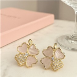 Серьги клевер ювелирная бижутерия Итальянское золото (покрытие желтое 14к), вставка: фианиты и пластик, цвет: прозрачный и перламутровый, арт.217.427