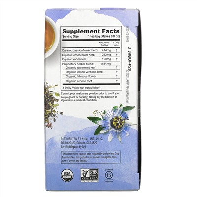 Numi Tea, Organic, De-Stress, Caffeine Free, 16 Tea Bags, 1.13 oz (32 g)