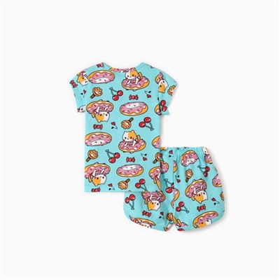 Комплект для девочки домашний (футболка/шорты) "Кошки", цвет бирюзовый, рост 110