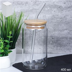 Стакан для смузи с трубочкой бамбуковая крышка 400 мл / LCWB10212 /уп 100/*Ц