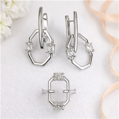 Комплект ювелирной бижутерии коллекция "Дубай", серьги и кольцо 17 р, покрытие посеребрение, вставка: фианиты, цвет: прозрачный, арт.007.279-17