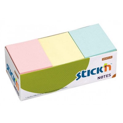Бумага для заметок с клеевым краем Stick`n 38х51 мм 100л пастель  3 цвета 21004 (822584) Hopax