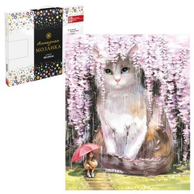 Алмазная мозаика по номерам 40х50 см (НА ПОДРАМНИКЕ) "КОТ В САКУРЕ" 68653 Феникс