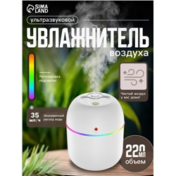 Увлажнитель воздуха HM-20, ультразвуковой, 220 мл, с подсветкой, 1.5 Вт, от USB, белый