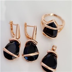 Комплект ювелирная бижутерия коллекция  "Дубай" серьги, кулон и кольцо 17 р, покрытие: позолота, вставка: фианит, цвет: черный, арт.313.056-17