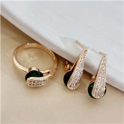 Комплект ювелирной бижутерии коллекция "Дубай" серьги и кольцо 19 р, покрытие позолота, вставка: фианит и цирконы, цвет: прозрачный и зеленый, арт.313.504-19