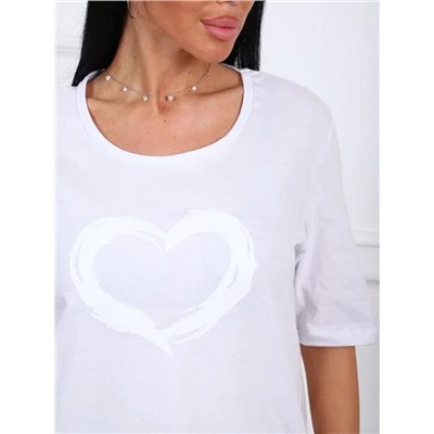 Футболка удлиненная 783 (Белый с белым сердцем)