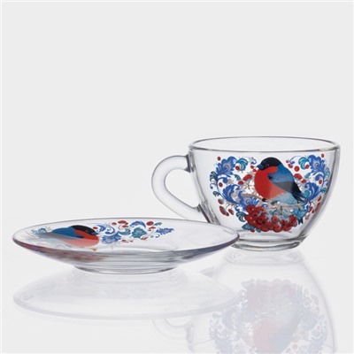 Чайная пара новогодняя «Снегири на рябине», 200 мл, блюдце d=13 см, стекло, прозрачная