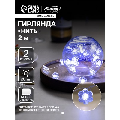 Гирлянда «Нить» 2 м роса с насадками «Цветок», IP20, серебристая нить, 20 LED, 2 режима, батарейки ААх2 (нет в комплекте), свечение белое