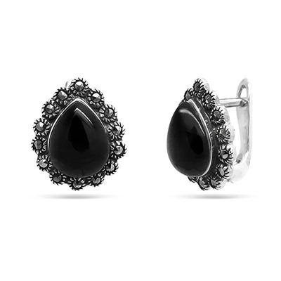 Серьги из серебра марказит, оникс, SL-AGA80
