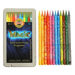 Карандаши цветные цельнографит 12 цветов Koh-I-Noor PROGRESSO MAGIC 8772, металлический пенал