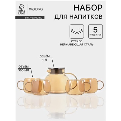 Набор для напитков Magistro «Голден», 5 предметов: кувшин 1 л, 4 кружки 350 мл, стекло, золотистый
