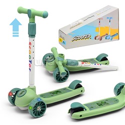 Самокат 3-х. кол., колеса световые PU, зеленый, в коробке