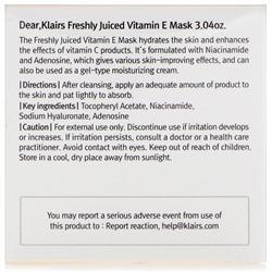Dear, Klairs, Freshly Juiced, маска с витамином E, 90 мл (3,04 унции)