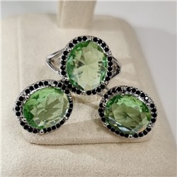 Комплект ювелирной бижутерии коллекция "Дубай" серьги и кольцо 17 р покрытие посеребрение, вставка: стекло и цирконы, цвет: светло-зеленый и черный, арт.215.608-17