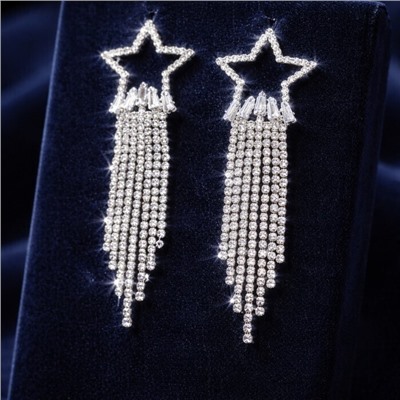 Серьги бижутерия висячие вечерние со стразами, цвет: серебристый и прозрачный, арт.012.062