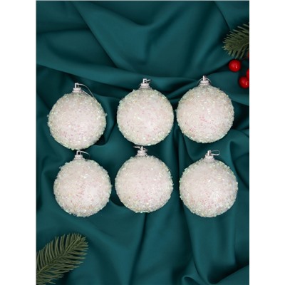 Ёлочные игрушки «Пушинка - бисер», шары новогодние, d=5.5 см, набор 6 шт., белый