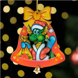 Ёлочная игрушка «Дракон в колокольчике», ламинация, 84×93 мм