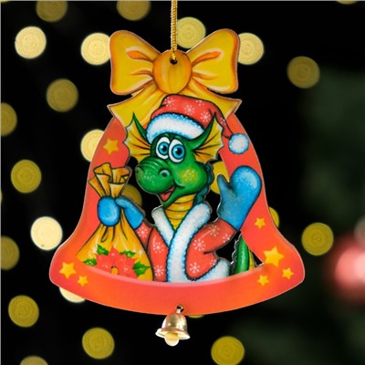 Ёлочная игрушка «Дракон в колокольчике», ламинация, 84×93 мм