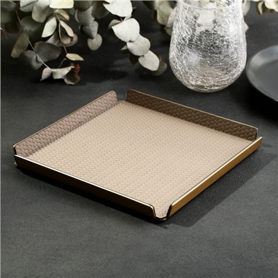 Поднос декоративный квадратный, металл и экокожа, 12×12 см, коричневый
