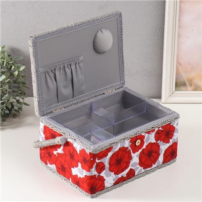 Шкатулка для рукоделия и шитья «Красные маки на белом», хранение ниток, иголок, мелочи, 19×26×14.5 см