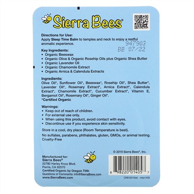 Sierra Bees, Бальзам для спокойного сна, лаванда и ромашка, 17 г (0,6 унции)