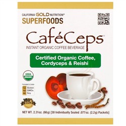 California Gold Nutrition, CafeCeps, органический растворимый кофе с кордицепсом и грибами рейши, 30 пакетиков весом 2,2 г (0,077 унции) каждый