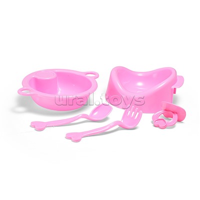 Набор аксессуаров для куклы (набор посуды, горшок, столик для кормления) в пакете