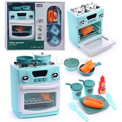 Бытовая техника "Кухонная плита" с набором посуды и продуктов, бирюзовый, (свет, звук) в коробке