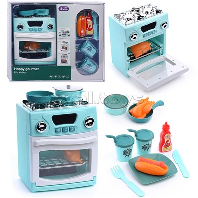Бытовая техника "Кухонная плита" с набором посуды и продуктов, бирюзовый, (свет, звук) в коробке