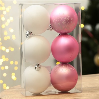 Шары ёлочные «С Новым годом!», пластик, d=6, 6 шт., розовые, белые