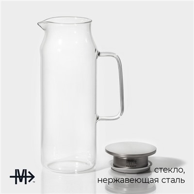 Кувшин для воды Magistro «Богема», 1.7 л, 10×27.5 см, с металлической крышкой, стекло, прозрачный, серебристая крышка