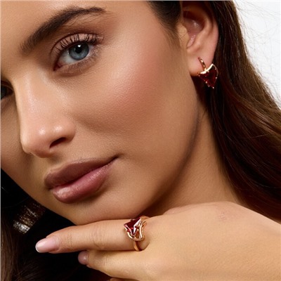 Комплект ювелирной бижутерии коллекция "Дубай" серьги и кольцо 18 р, покрытие позолота, вставка: стекло, цвет: красный, арт.414.264-18