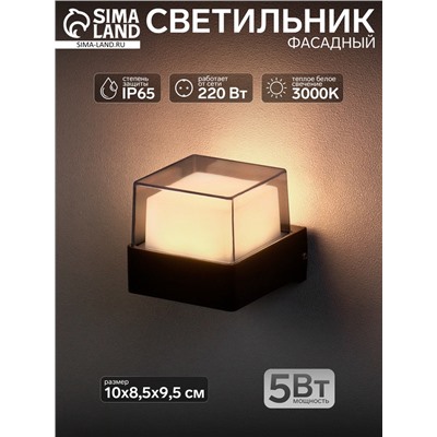 Светильник фасадный «Гранд», 5 Вт, 3000К, IP65, 220 В, металлический корпус, чёрный, свечение тёплое белое