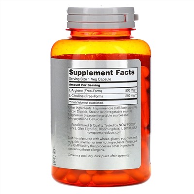 Now Foods, Sports, аргинин и цитруллин, 120 вегетарианских капсул