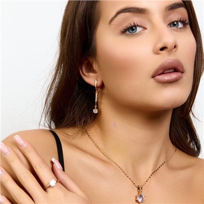 Комплект ювелирной бижутерии коллекция "Дубай" серьги, кулон и кольцо 19 р, покрытие позолота, вставка: фианиты и цирконы, цвет: прозрачный, арт.217.476-19