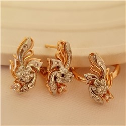 Комплект ювелирной бижутерии коллекция "Дубай" серьги и кольцо 17 р в форме цветов, покрытие позолота, вставка: цирконы, цвет: прозрачный, арт.414.057-17