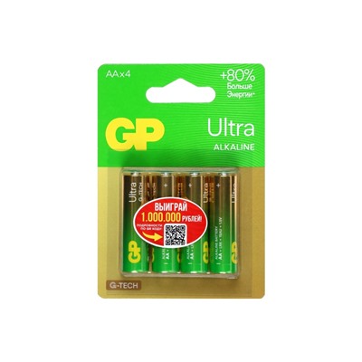 Батарейка алкалиновая GP Ultra, AA, LR6-4BL, 1.5 В, блистер, 4 шт.