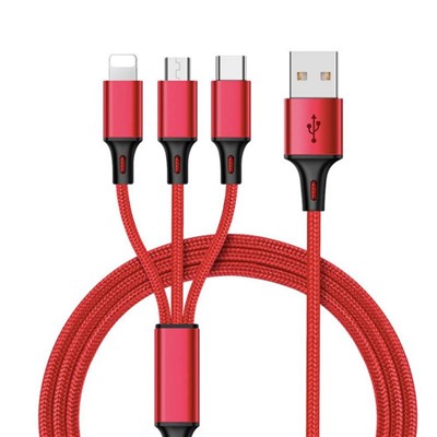 Кабель USB 3 в 1 для iOS + microUSB + type-С в тканой нейлоновой оплетке 1,2 метра