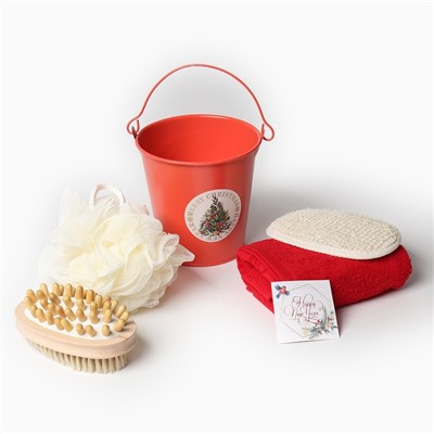 Набор новогодний подарочный «Этель» Merry christmas, 5 предмета, полотенце 30×60 см, мочалка, щётка - массажёр